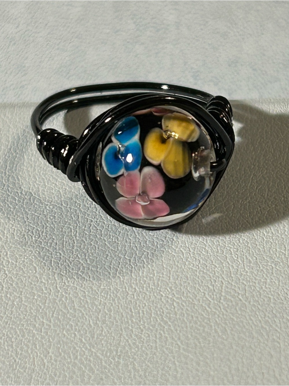 Handmade Black Wire Ring with Pink, Blue and Yellow Floral Glass Dome size 7